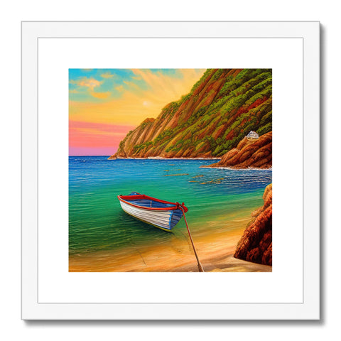 Art print of two sailboats going to the ocean while sunrays set in the sky