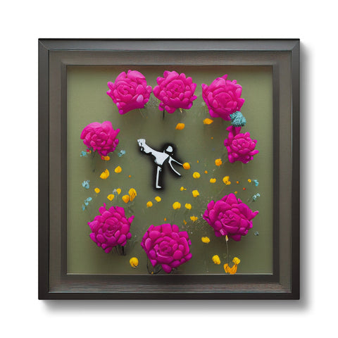 A clock surrounded by colorful flowers of a different kind with a white and pink background.
