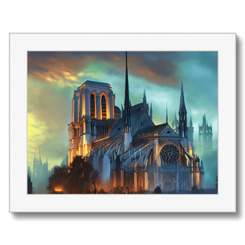 A large cathedral is shown as well as an art print on the wall.