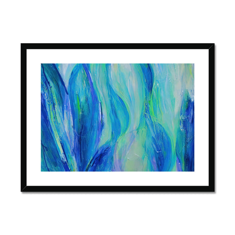 A colorful print hangs on the wall with waves blowing over the background.