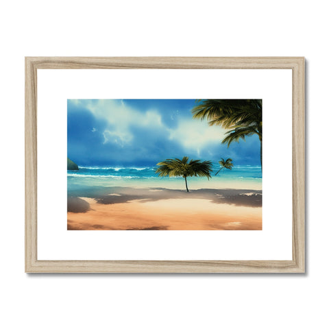 A large white framed picture with beach with a blue beach setting next to it.