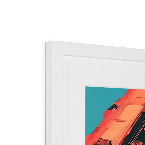 A picture frame sits atop a picture frame with an art print next to it.