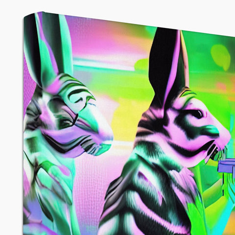 A colorful art print of rabbits with two mice on top of a table.