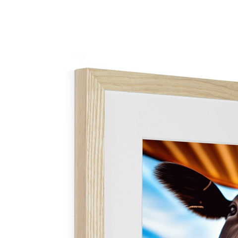 a picture frame holds a dark blue wood framed photo of a dog in a wooden frame