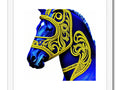 A horse wearing a blue helmet on a horse's chest is walking across a yard.