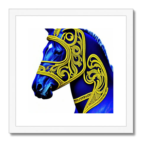 A horse wearing a blue helmet on a horse's chest is walking across a yard.