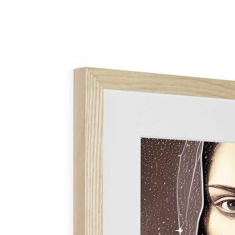 A picture frame with wood is framed on it with a woman in a white dress.