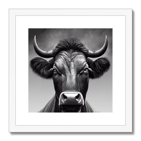 Art print featuring a white and black cow with horns.