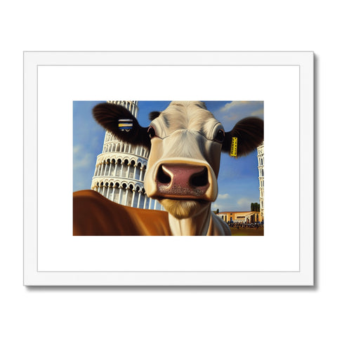 A cow stands in front of a black photo of a cow next to an art print