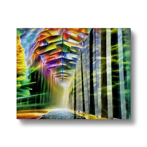 An abstract painting of a city street with a green building below.