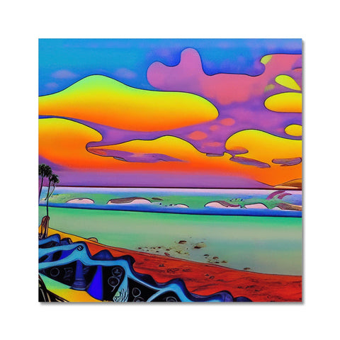 A colorful print on a rug with a sunset on it facing a sandy beach