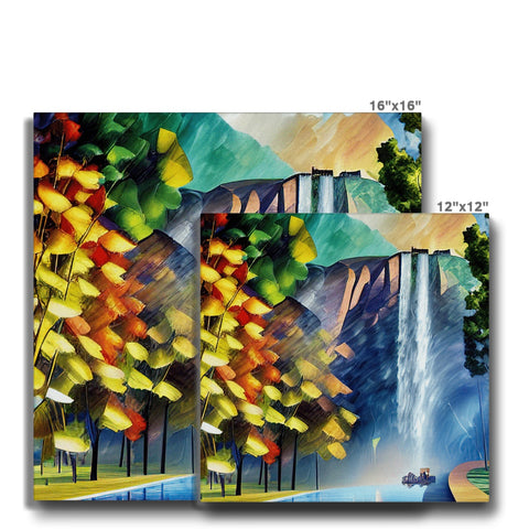 A large picture of trees next to a bridge topped with a waterfall.