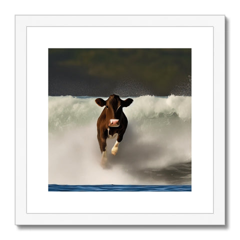 A cow standing on a sandy beach in the distance looking at the water.