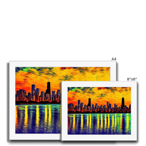 A photo shoot of a colorful picture of cityscape next to a colorful postcard on