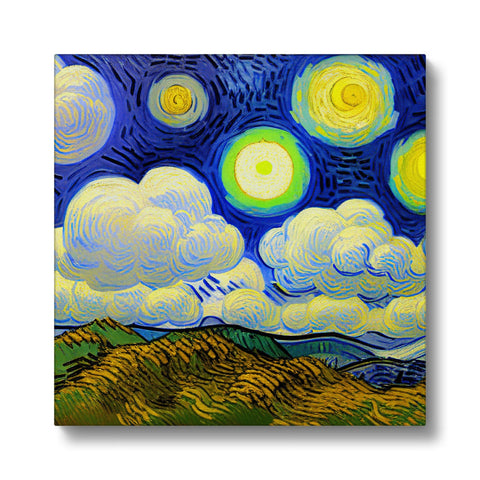 a painting in front of a view of a hill overlooking a lake with night sky