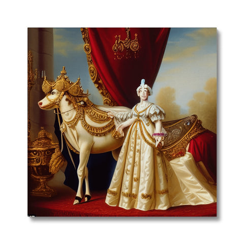 A woman and a white horse sitting on a carpet on a royal set.