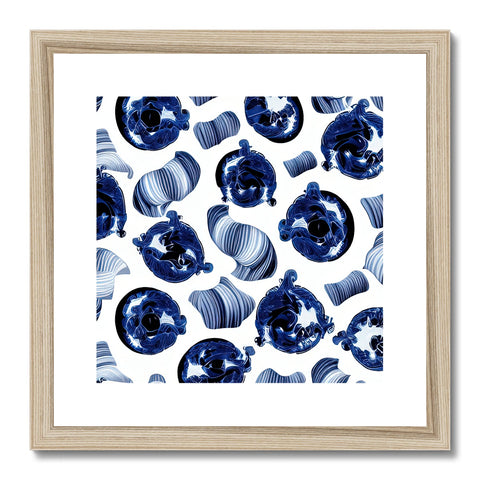 a blue and white framed art photo of an umbrella on a table