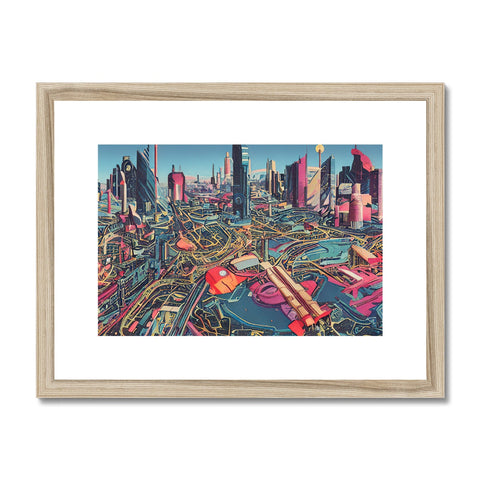 A framed art print of a skyline that is topped with various street signs and cars.
