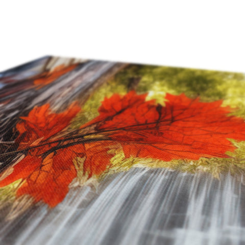 A close up of a soft-cover photo on a canvas with autumn leaves hanging off