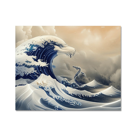 A yellow dioramic art print depicting some big waves being surfed up in the
