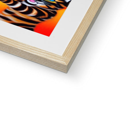 A tiger striped tiger striped softcover photo on a wooden wall on wooden frame