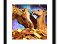 Two brown horses trot about a ring of gold bricks hanging off a wall, tied