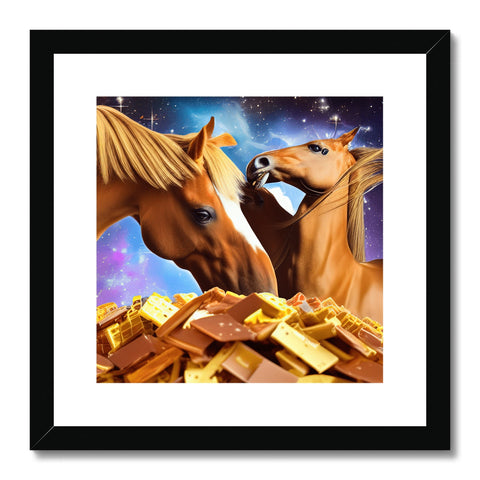 Two brown horses trot about a ring of gold bricks hanging off a wall, tied