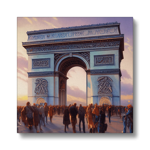 A painting of large, golden arch in Paris on a gray and white background.