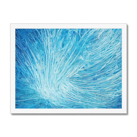 A painting of many little white birds flying in a crystal blue ocean surrounded by waves.