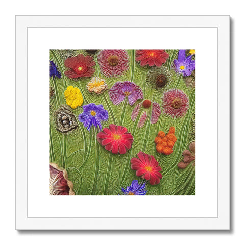 A bouquet of colorful flowers flowers with an art print in a green frame.