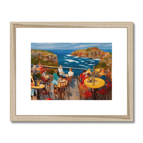 A framed art print of a beach with people going to sea with wooden chairs.