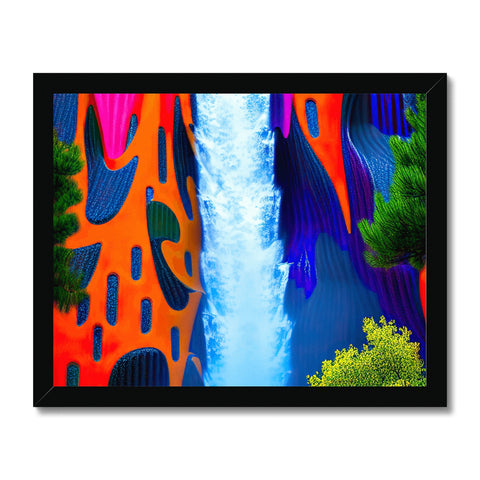 A colorful print on a colorful wall hanging with a waterfall floating in a forest.