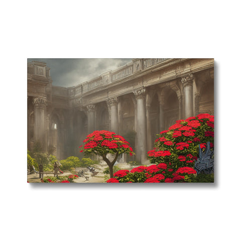 A painting of a park scene with a poinsettias in a flower bed.