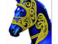 A horse is wearing a blue dress and holding two swords.