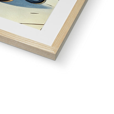 A wooden framed wood photo is sitting in a blue case.