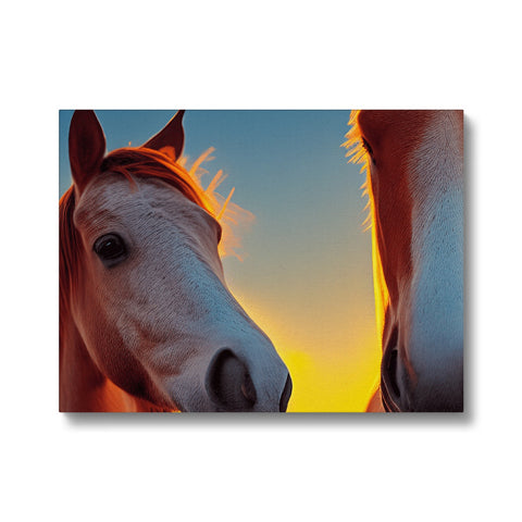 A picture framed image of two horses looking at a small white card.