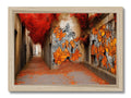 Art print that shows lots of butterflies on a street, graffiti and bugs.