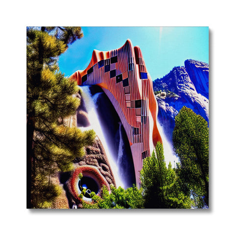 Art print picture of a white mountain and a rock wall and waterfall