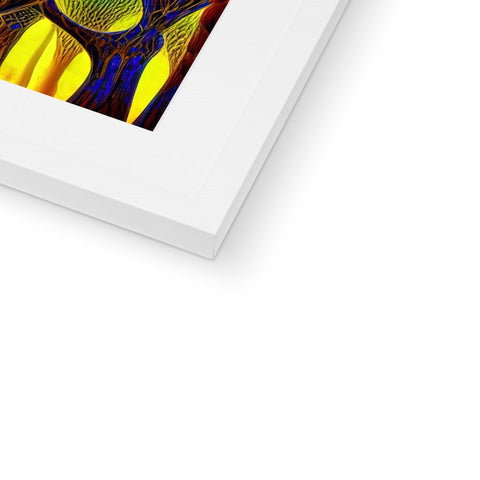 A yellow and orange birds on a picture frame with an abstract design.