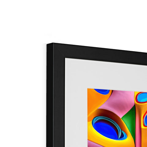 A photo of a large framed picture on the frame with colorful art on it.