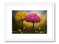 The photo is an art print with trees and flowers.
