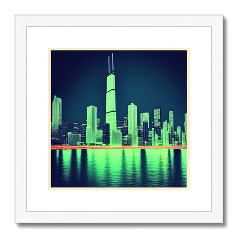 Art print showing a skyscraper with a cityscape and flowers that surround it.