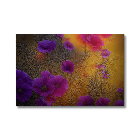 An art print with several purple floral flowers on a silk table cloth.