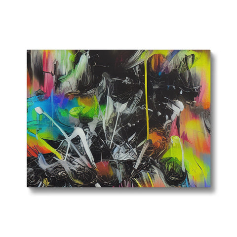 A spray painted canvas print of graffiti covered with stencils painted from the side.