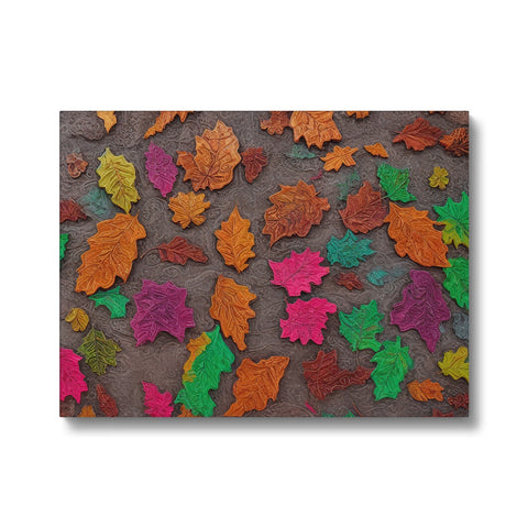 A place mat with a pile of colorful leafy material on a stone wall.