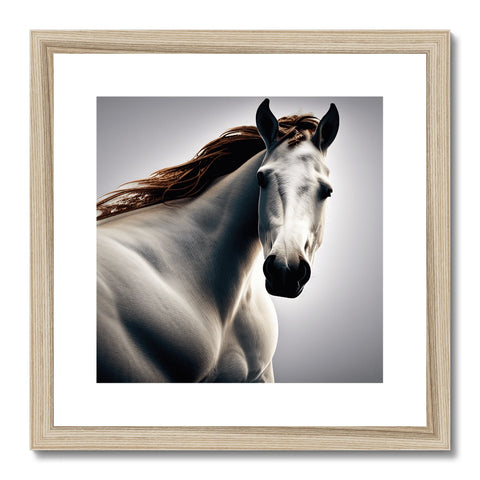A picture of a horse on a white background is hanging from a wall in the living