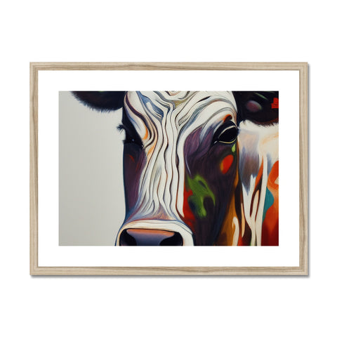 A white cow standing next to brown and black art print that holds horns.