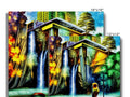 Art print on ceramic tiles on the wall with a waterfall.