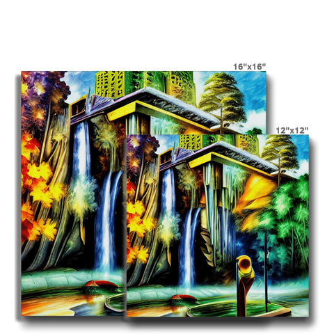 Art print on ceramic tiles on the wall with a waterfall.