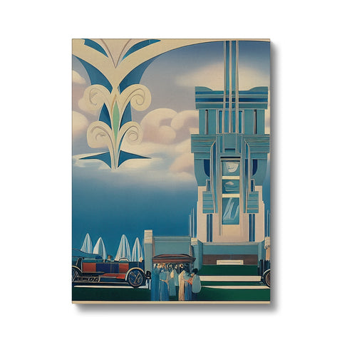 an art print of a lighthouse surrounded by buildings near trees